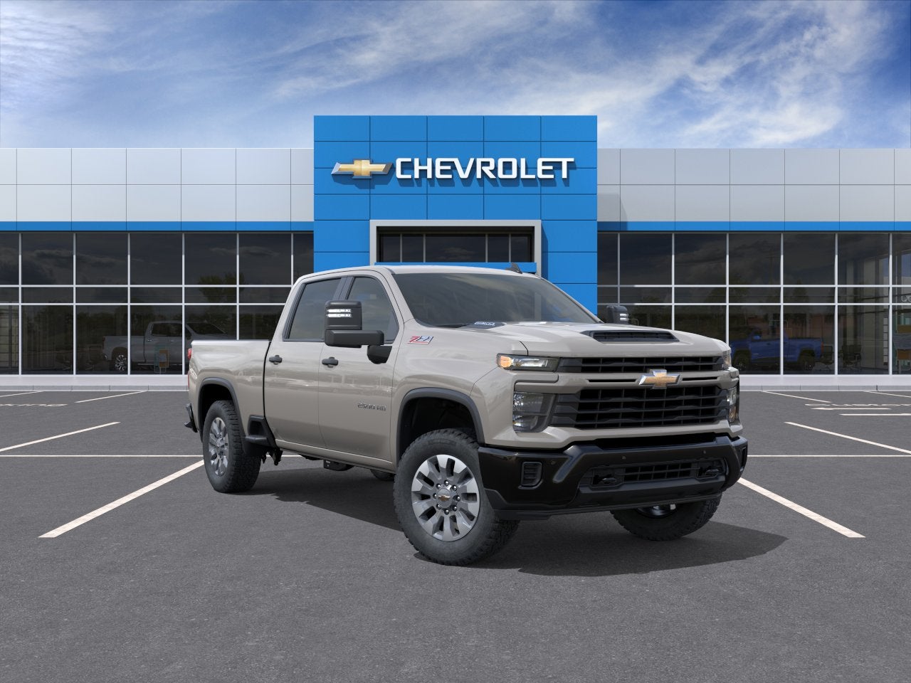 2026 Chevrolet Silverado 2500 HD Custom in White Sands — front three-quarter view